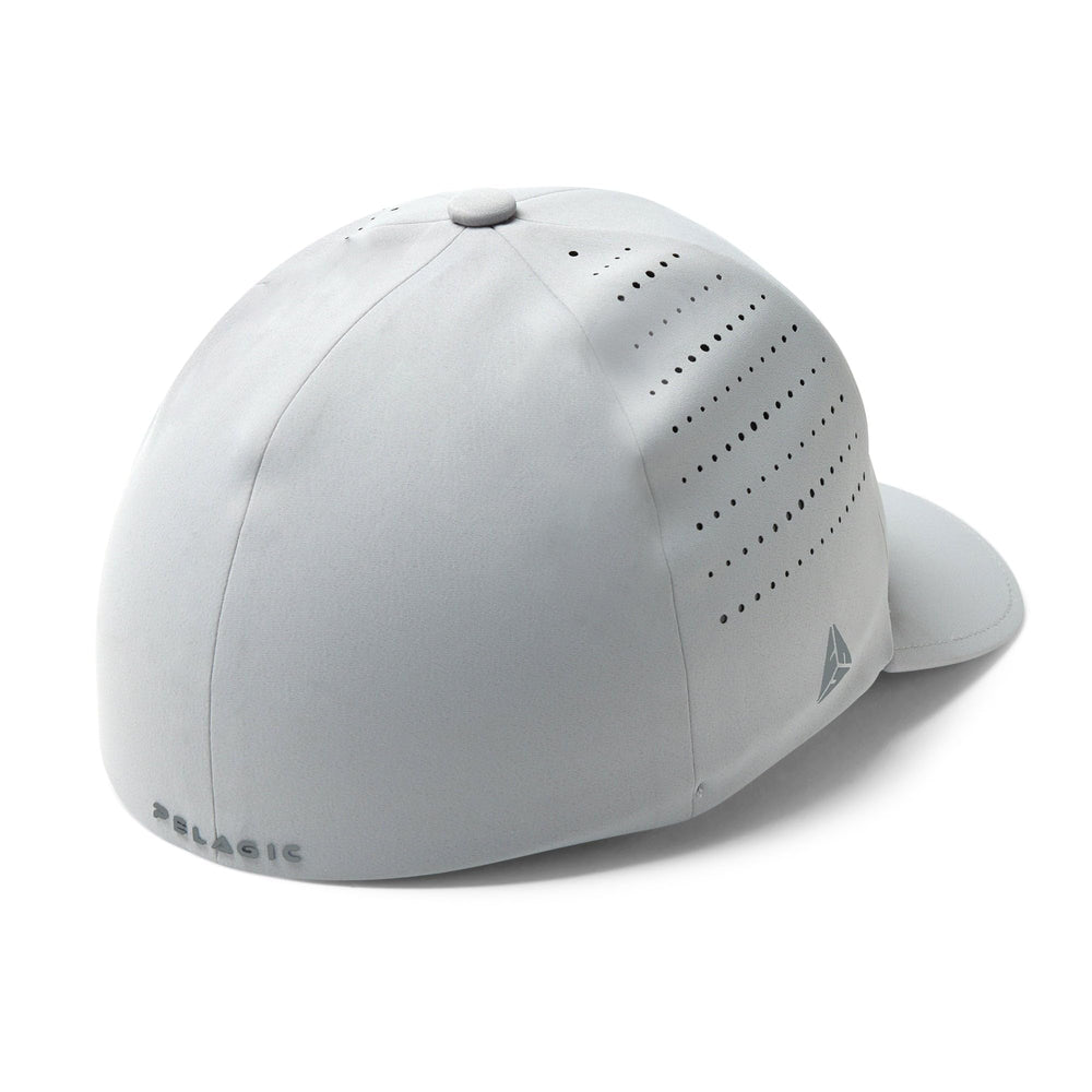 Pelagic Delta Icon Hat light grey side view, flexible stretch fit for movement