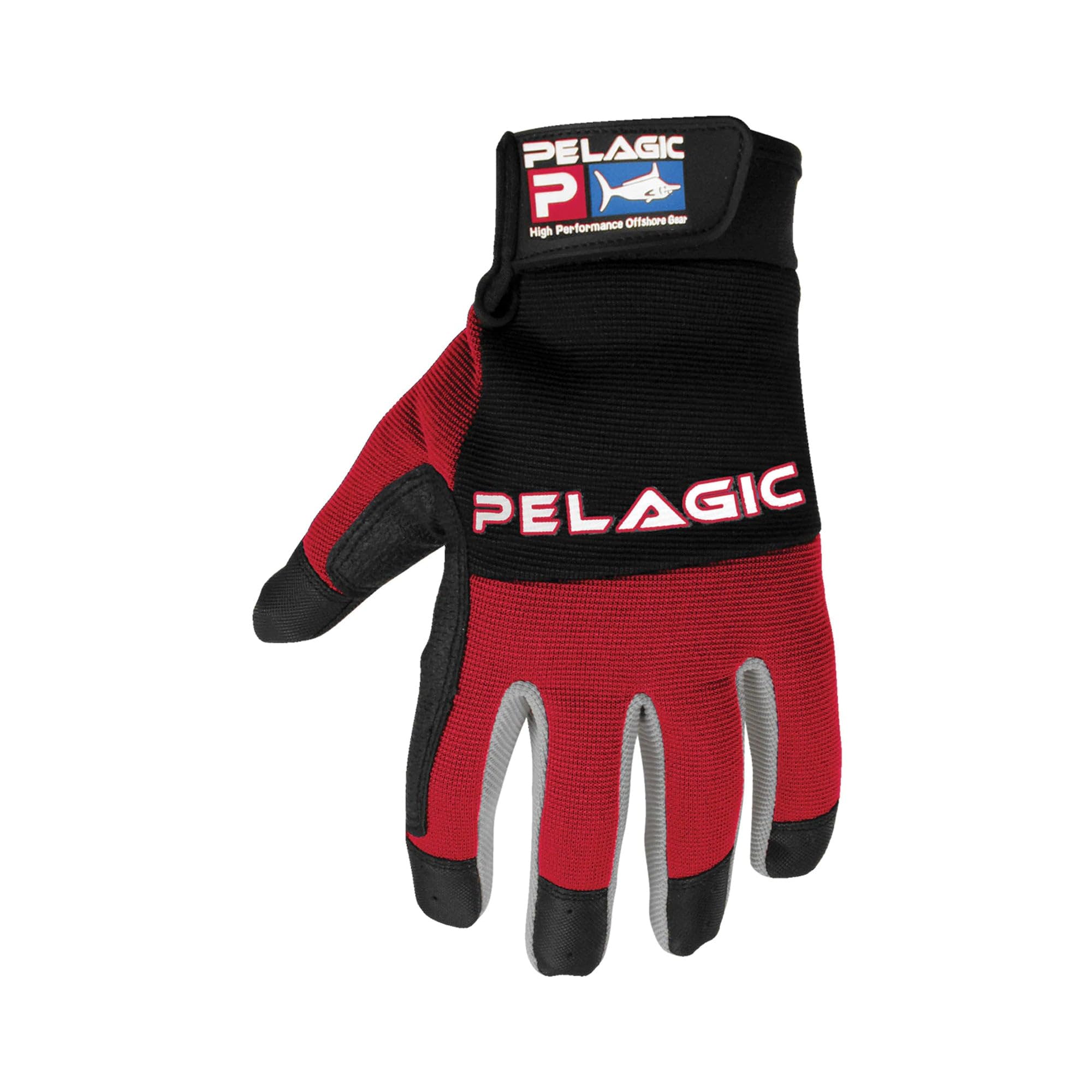 Pelagic End Game Gloves, closed fingertips in red, front view for protected reel grips.