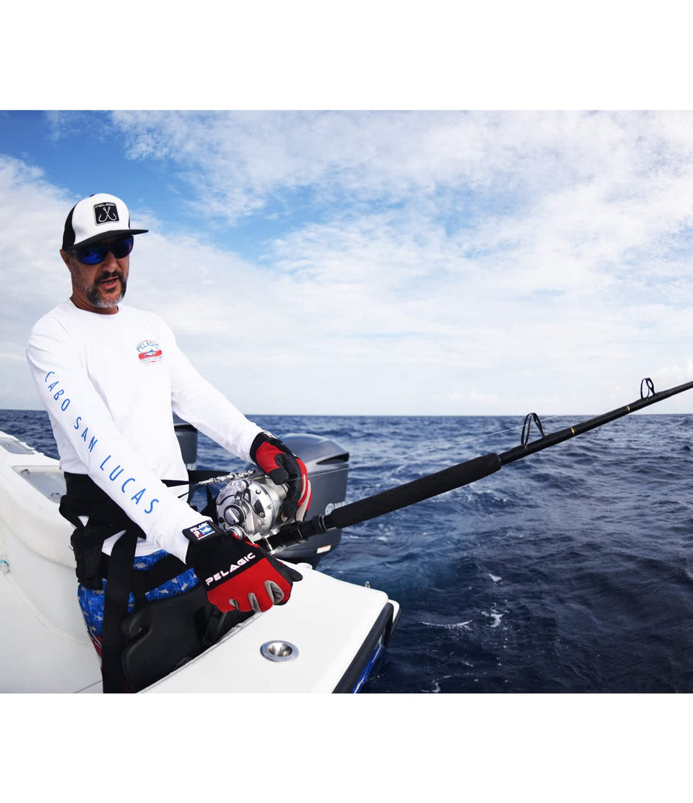 Pelagic End Game Gloves, Kevlar reinforced, red, durable protection against sharp gear.
