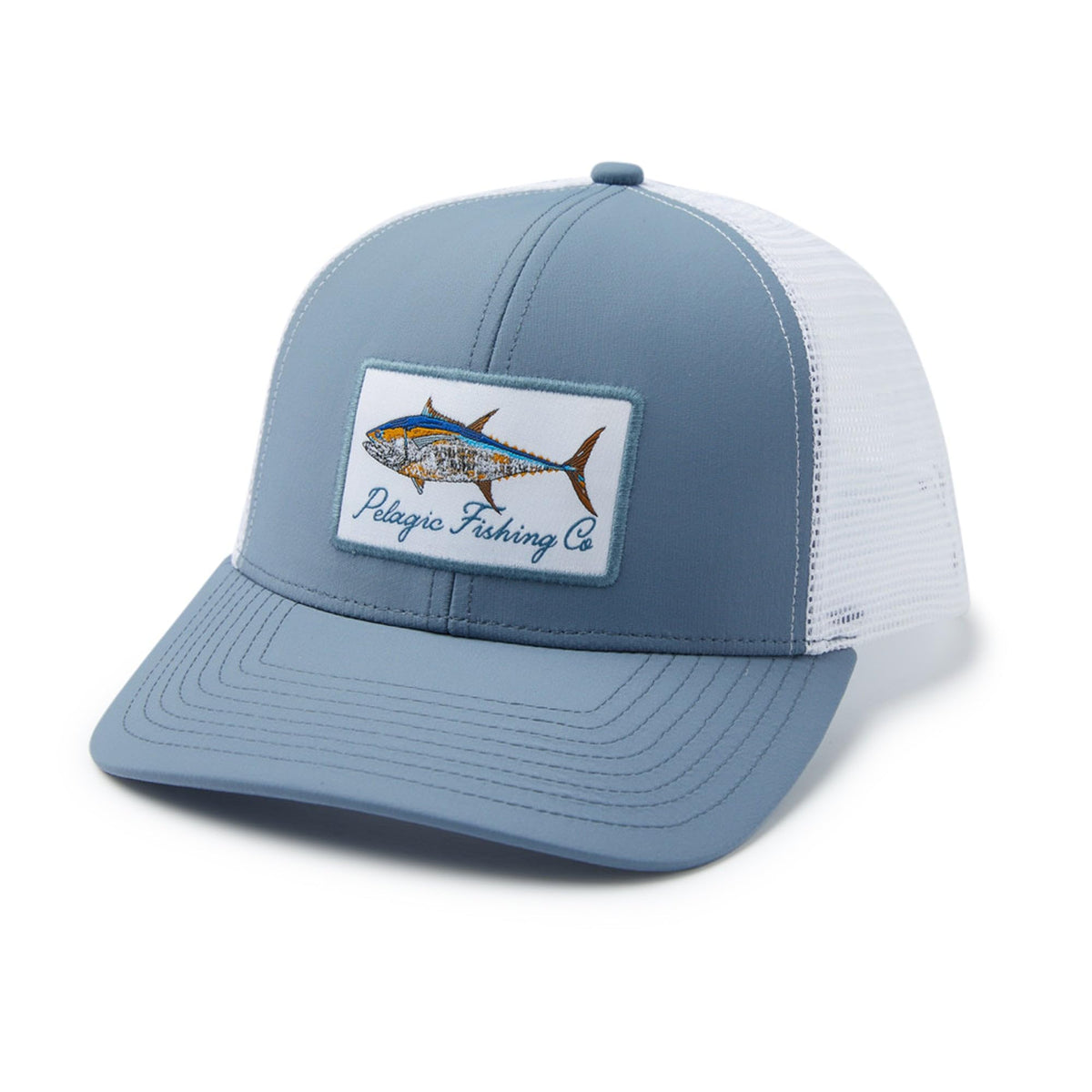 Pelagic Flybridge Goione BFT Trucker hat, front view, quick-dry fabric for comfort on long casts