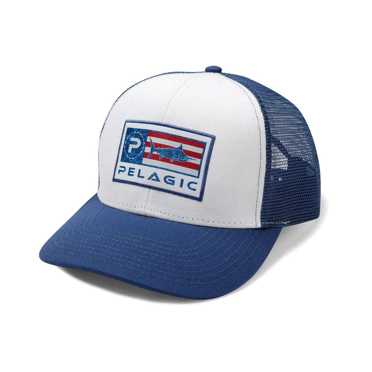 PELAGIC Icon Trucker: front embroidered patch detail for bold everyday style.