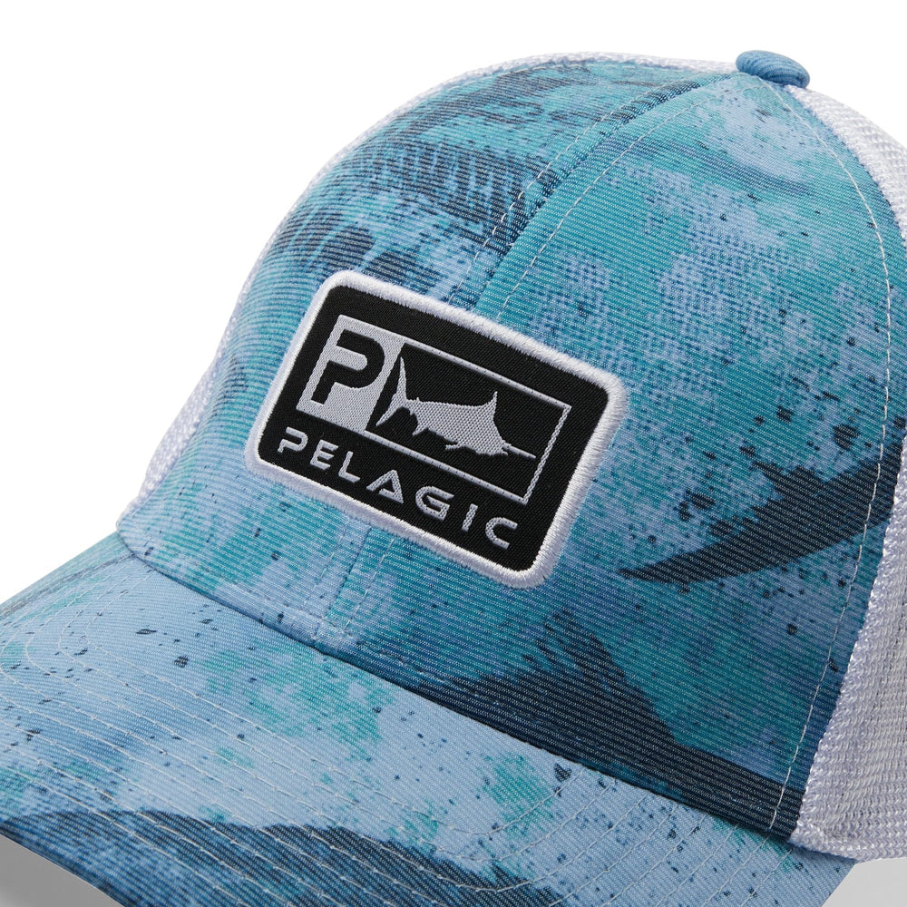 Pelagic Offshore Icon Gyotaku Low Profile Trucker close-up embroidery detail