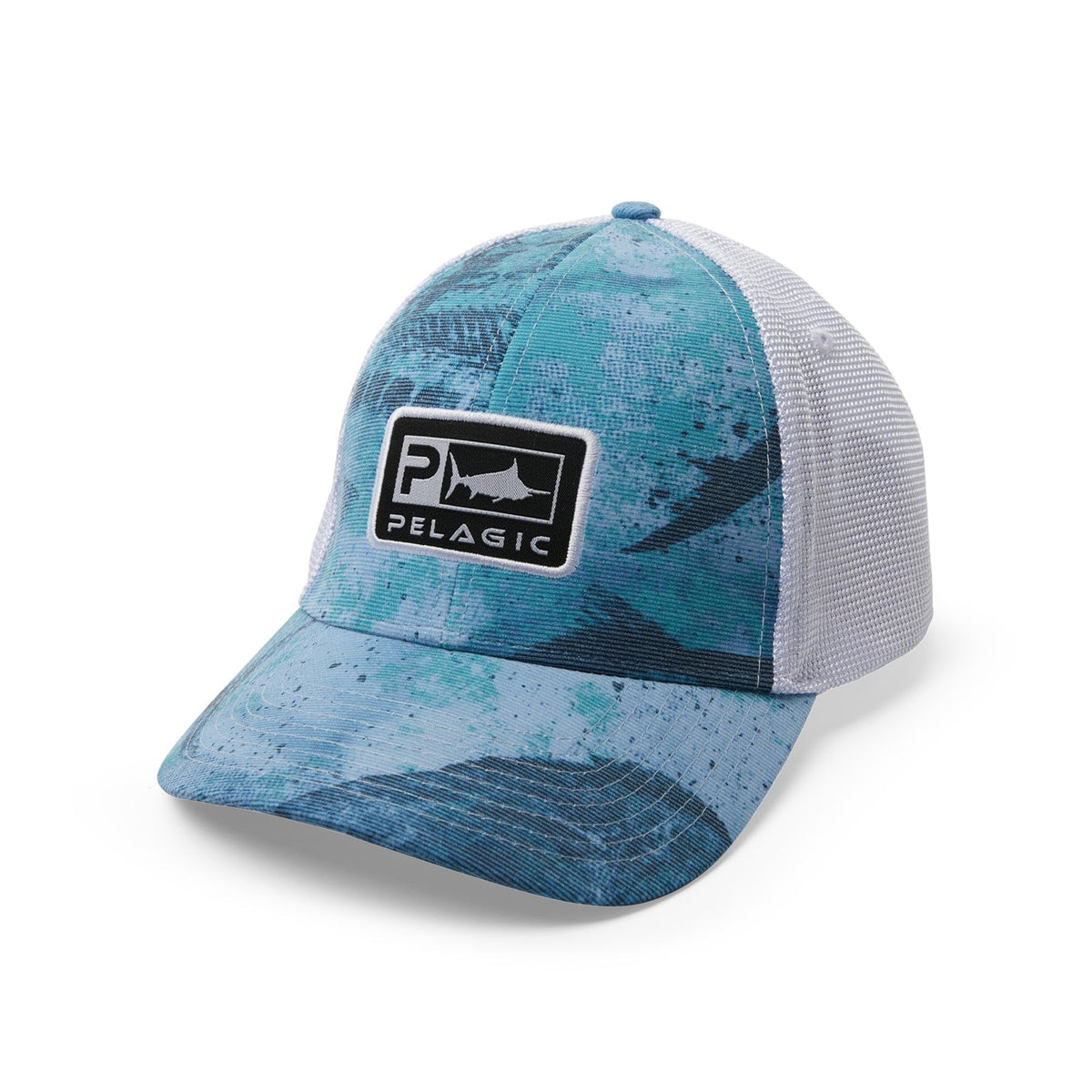 Pelagic Offshore Icon Gyotaku Low Profile Trucker front view with bold ocean art