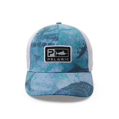 Pelagic Offshore Icon Gyotaku Low Profile Trucker side view highlighting mesh ventilation