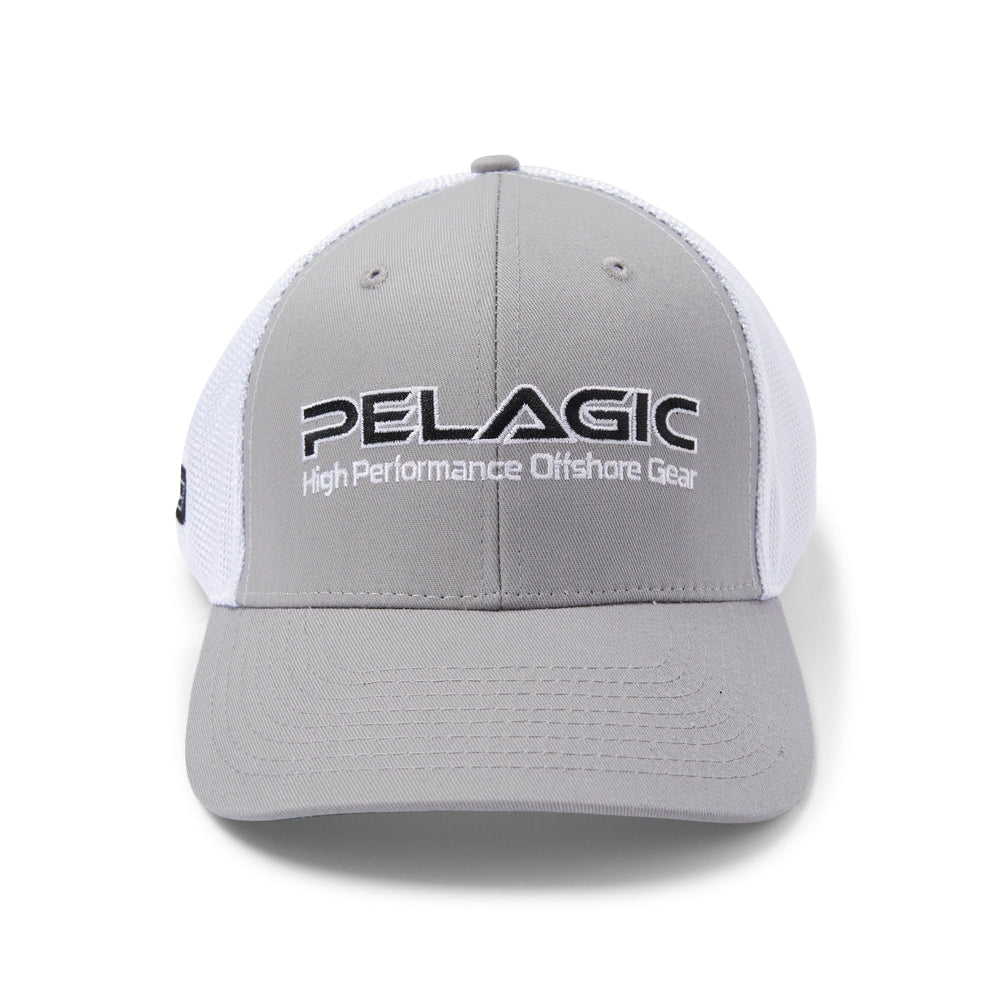Pelagic Offshore Low Profile Trucker side view emphasizes curved brim for sun protection.