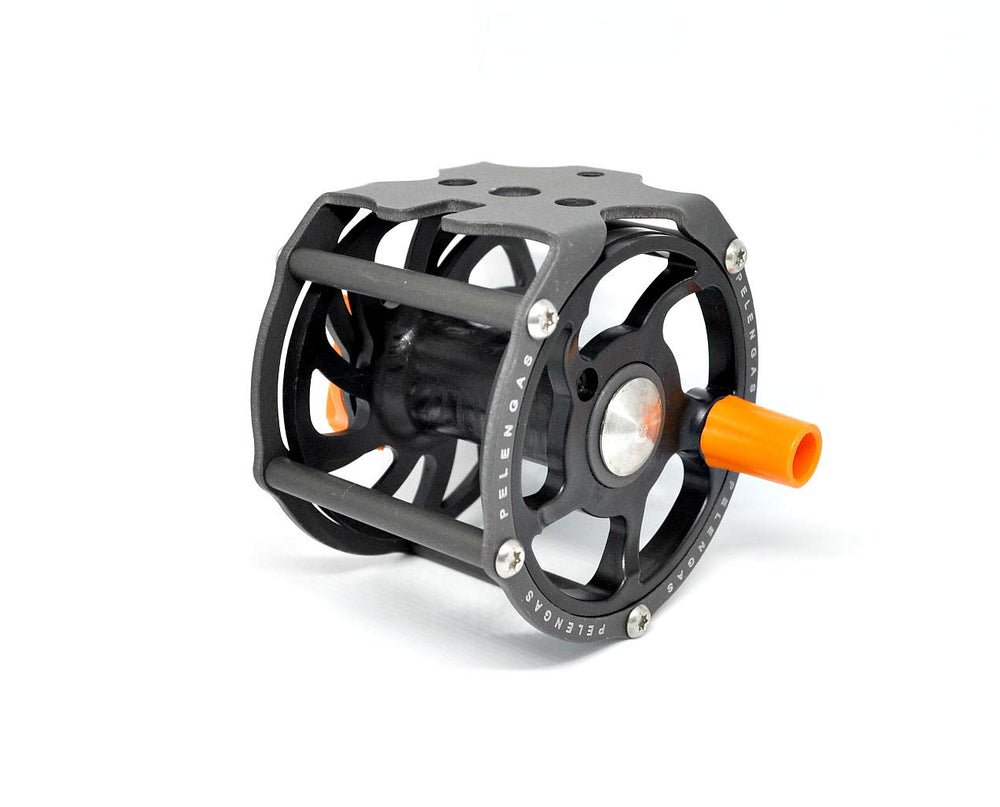 Back view of Univrsal Pelengas reel emphasizing construction
