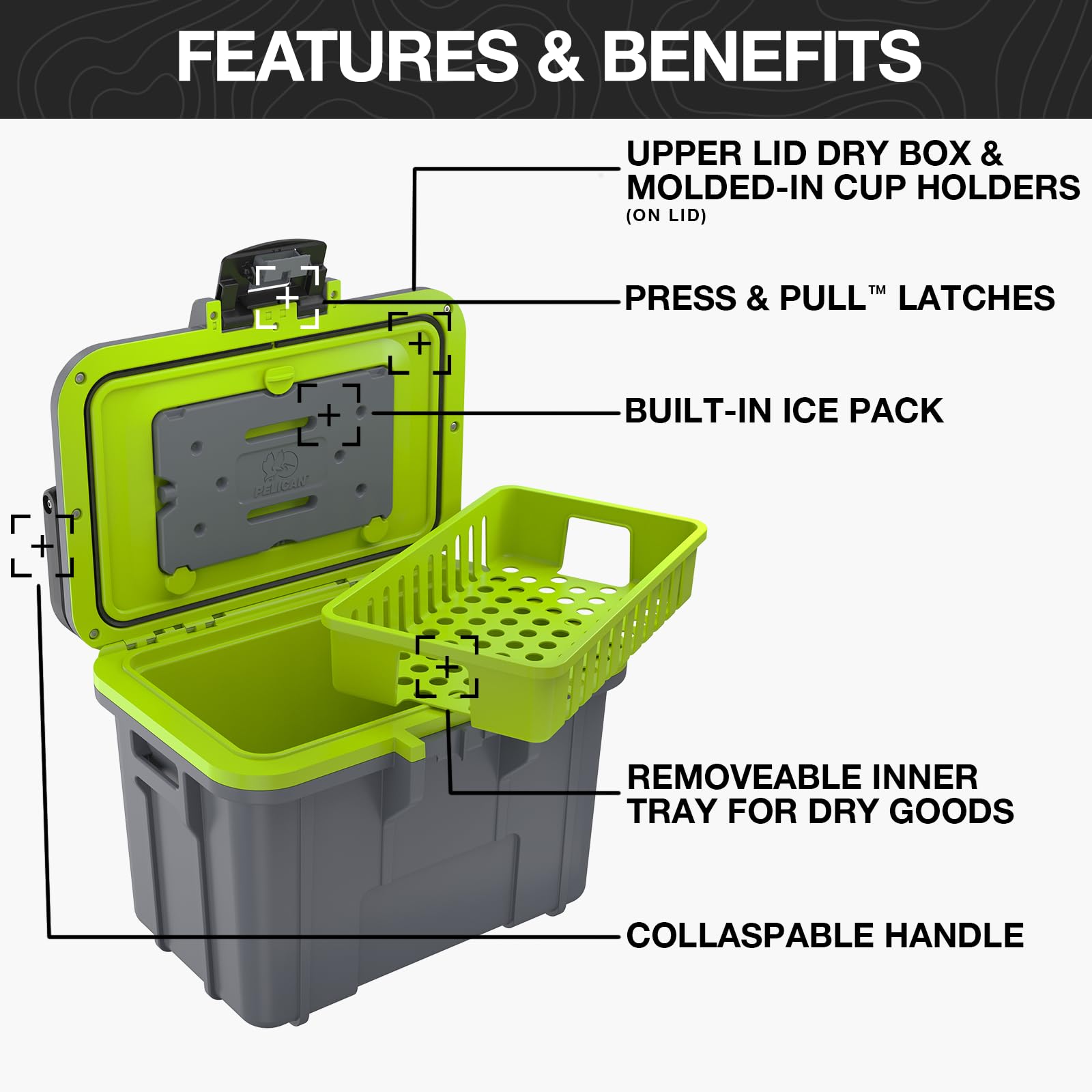 Pelican 14-Quart lunch box cooler inner tray keeps non-perishables cool and organized.