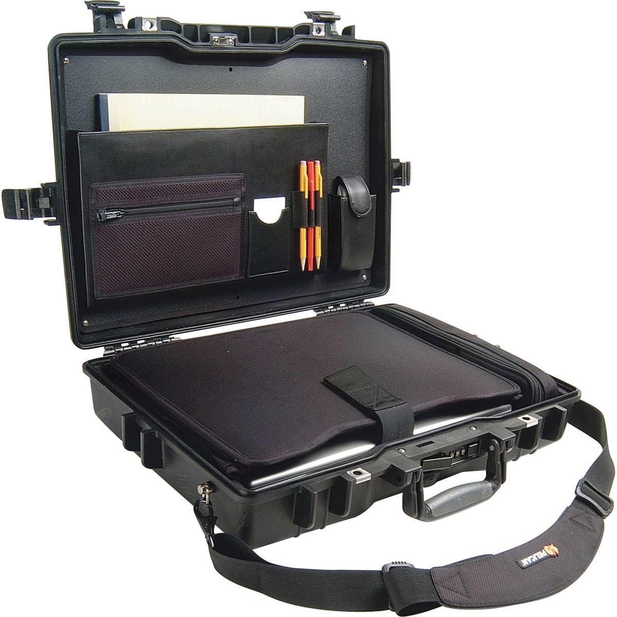 Pelican 1495 CC#1 deluxe case shows stainless steel padlock protectors for added security.