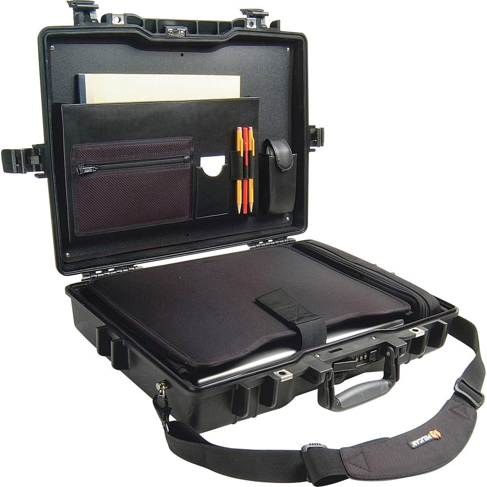 Pelican 1495 CC#1 deluxe case shows stainless steel padlock protectors for added security.