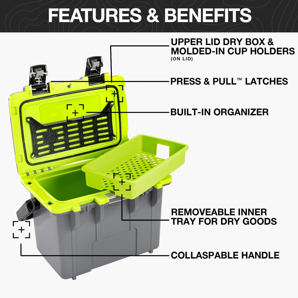 Pelican 14qt lunch box cooler interior view, organized with inner tray for dry, cool non-perishables