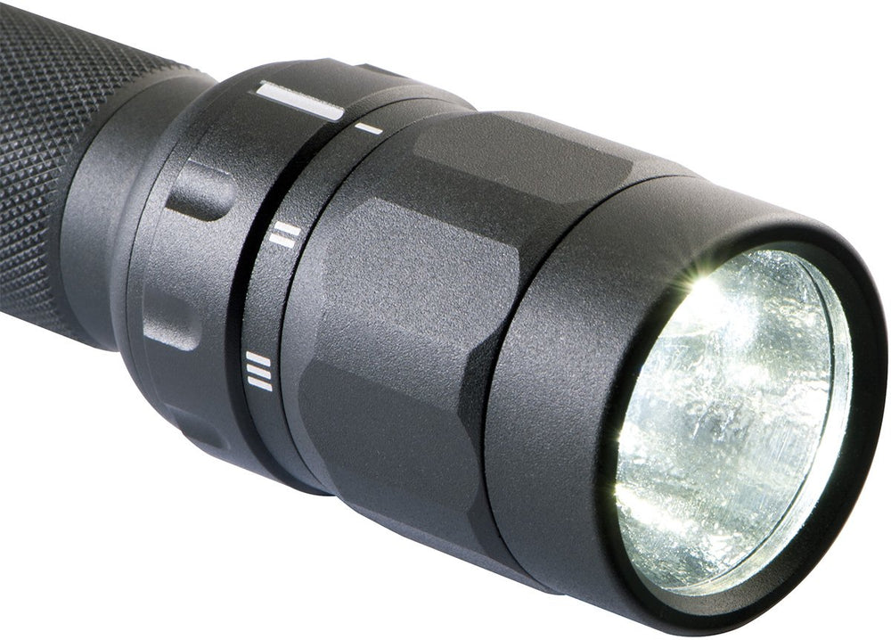 Pelican 2370 beam shot illustrating up to 190 meters of reach for visibility.