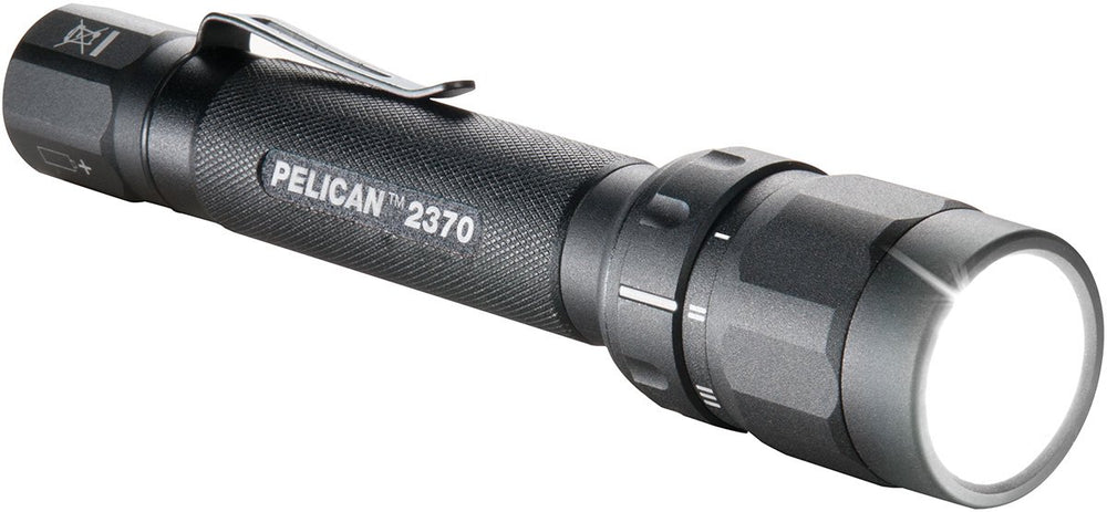 Pelican 2370 tactical LED flashlight front view with rugged aluminum body for field use.