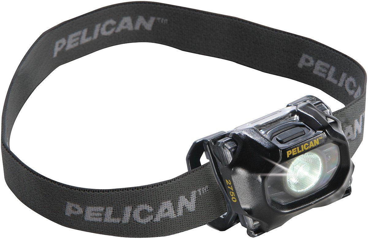 Pelican 2750C LED headlamp front view, compact hands-free light for quick outdoor tasks.