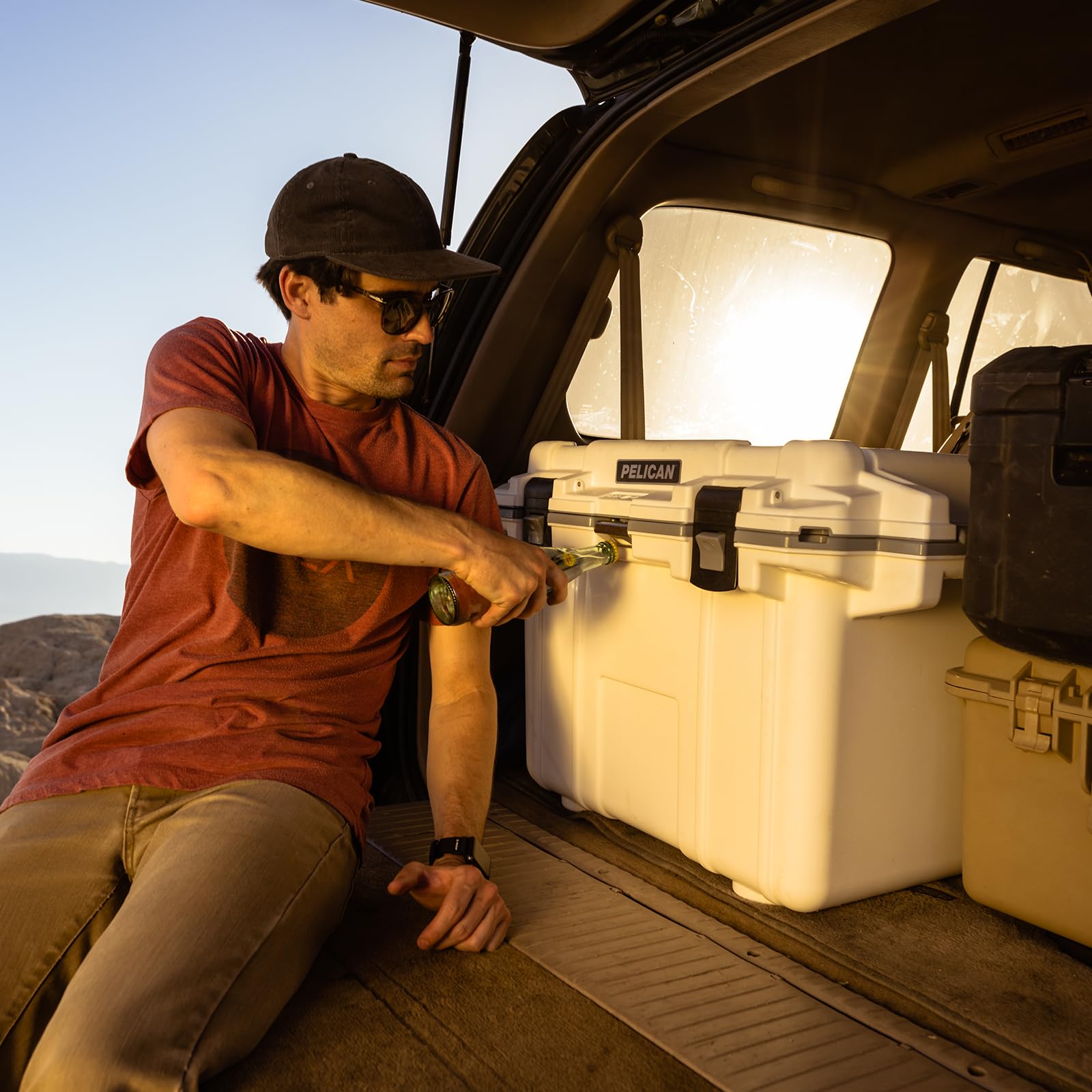 Pelican Elite cooler features molded-in tie-down slots for secure transport.