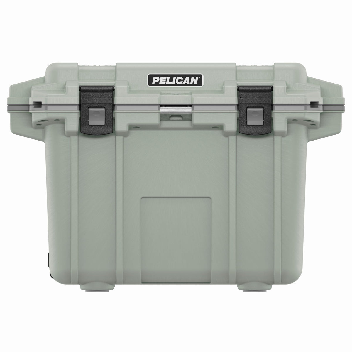 Pelican 50 Quart Elite Cooler Sage/Gray front view for rugged outdoor use.