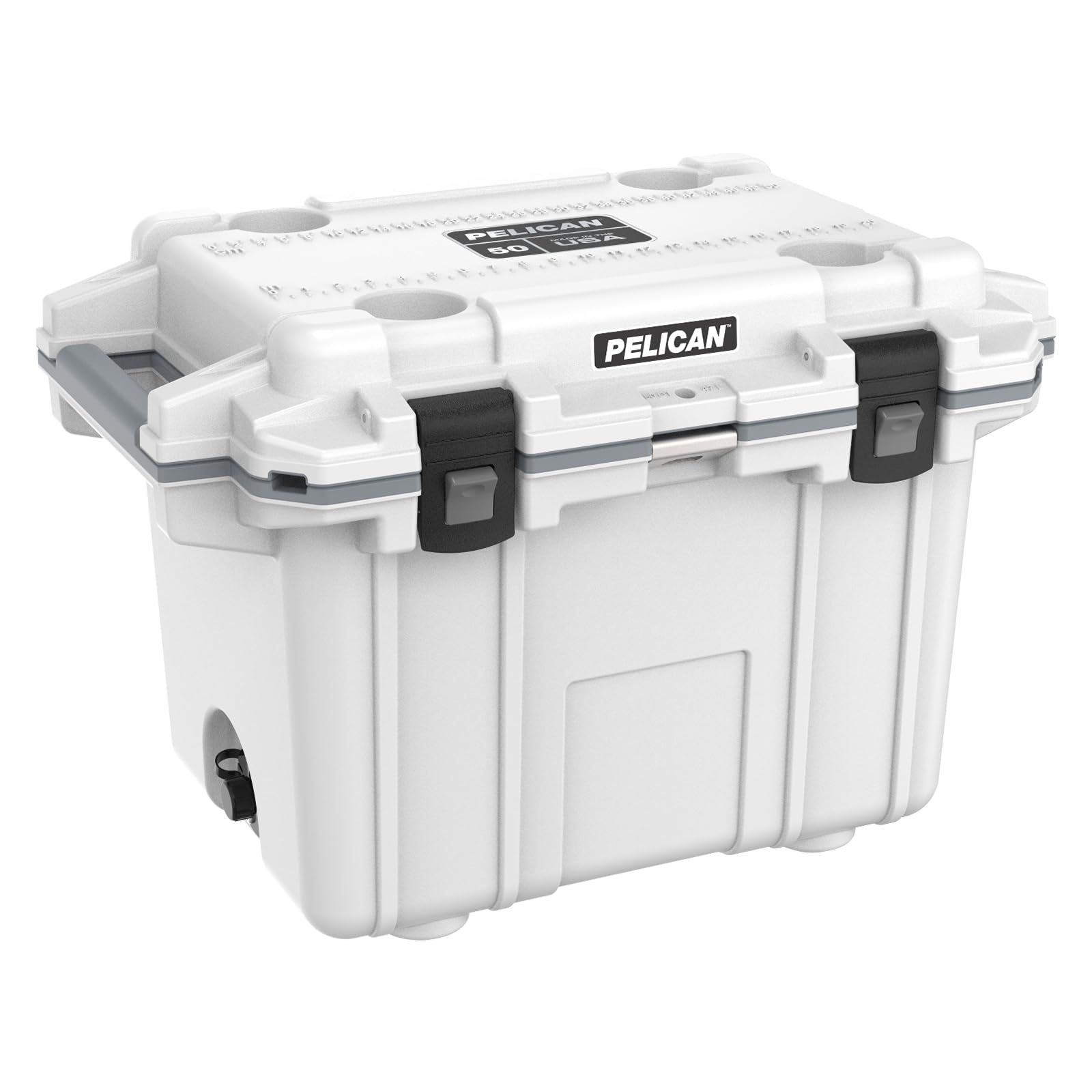 Pelican 50 Quart Elite cooler lid close-up highlights durable seal for long-lasting freshness.