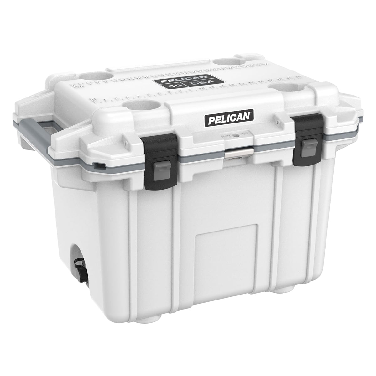Pelican 50 Quart Elite cooler lid close-up highlights durable seal for long-lasting freshness.