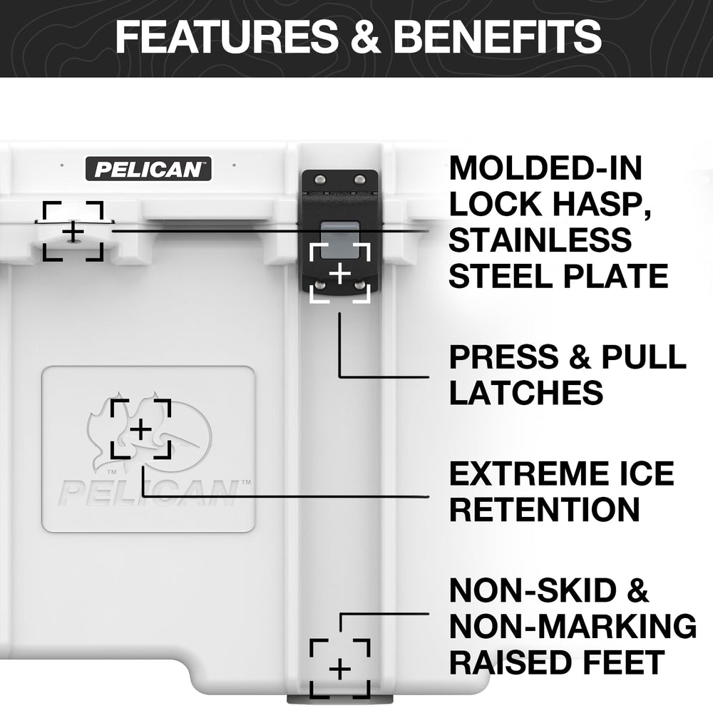Pelican 50 Quart Elite Cooler in midnight blue includes a fish ruler for on-site measurements.