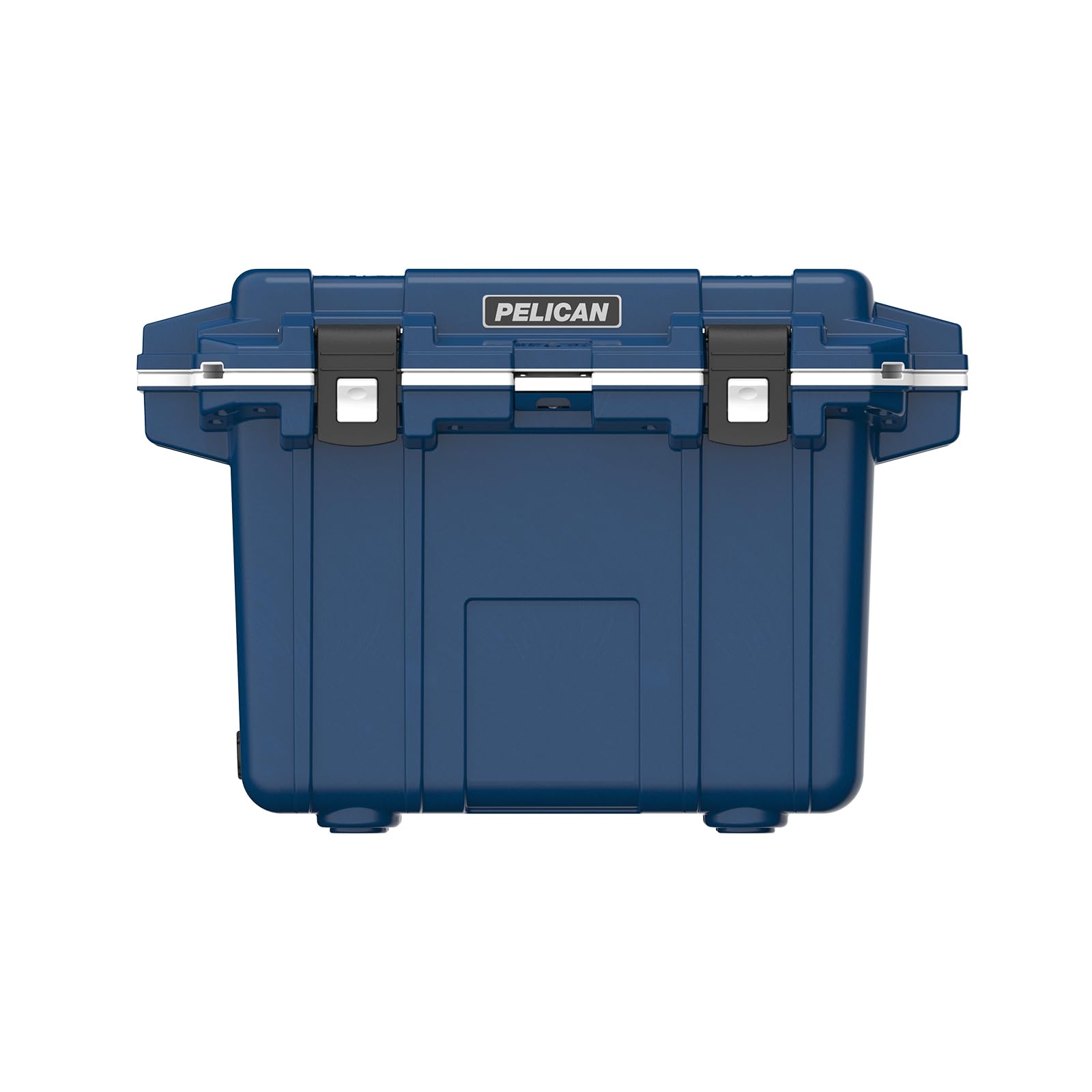 Pelican 50 Quart Elite Cooler in midnight blue demonstrates secure press and pull latches for rugged use.