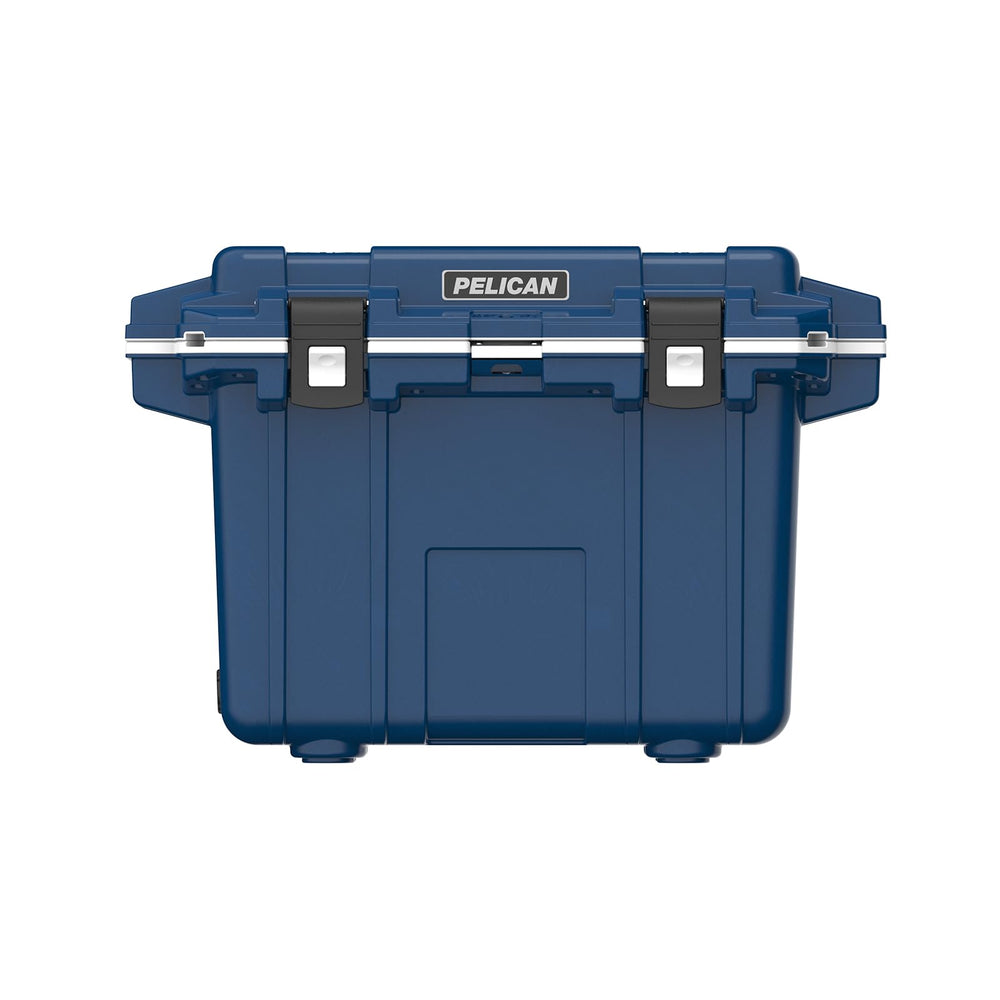 Pelican 50 Quart Elite Cooler in midnight blue demonstrates secure press and pull latches for rugged use.