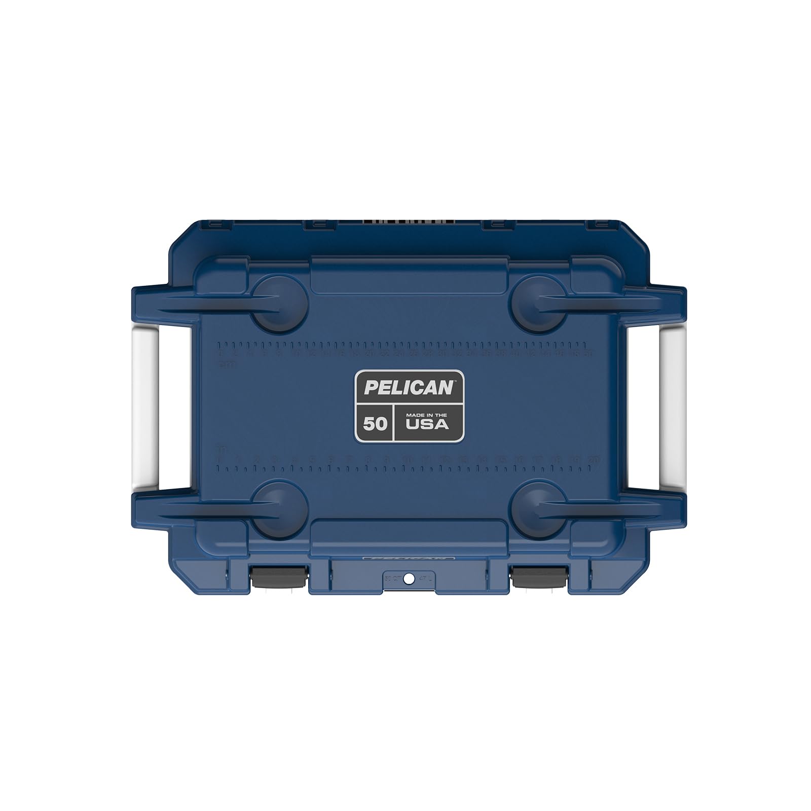Pelican 50 Quart Elite Cooler in midnight blue features molded-in handles for easy lifting.