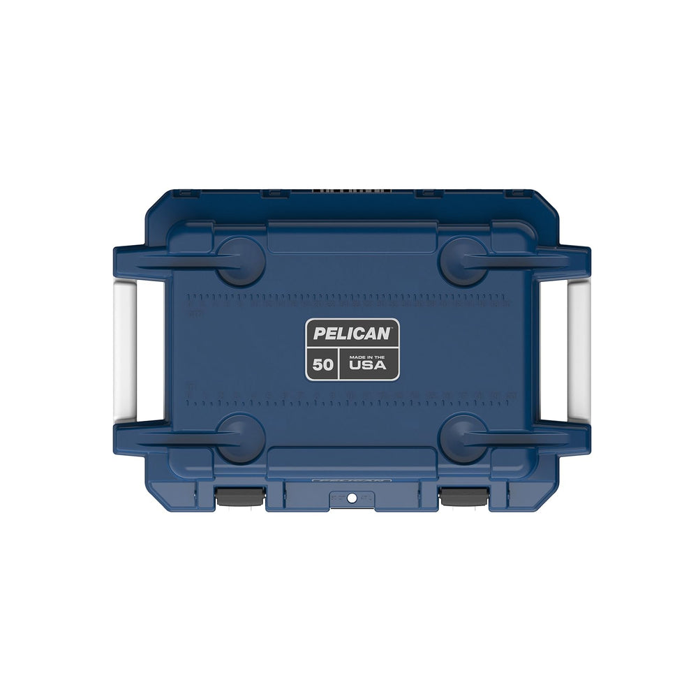 Pelican 50 Quart Elite Cooler in midnight blue features molded-in handles for easy lifting.