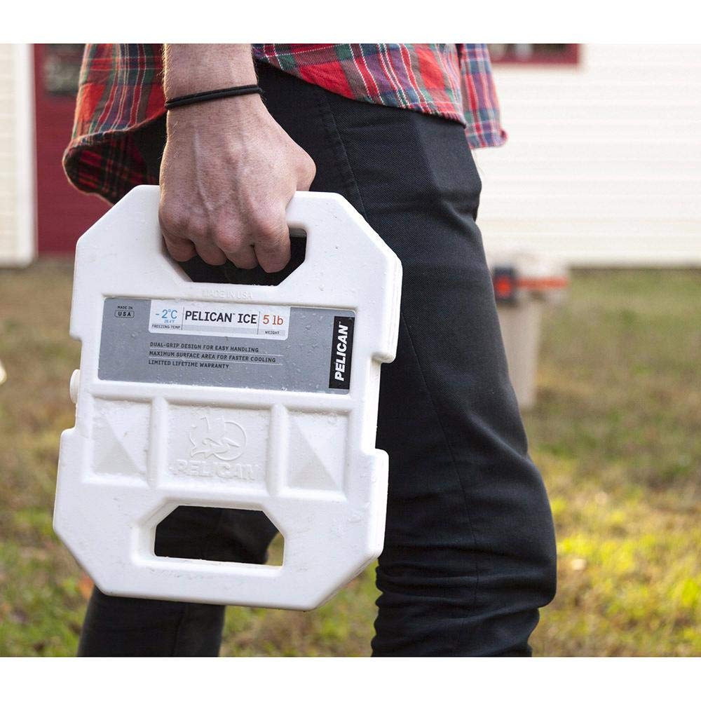 Pelican ice pack white, side view showcasing rugged shell and dual-handle design.