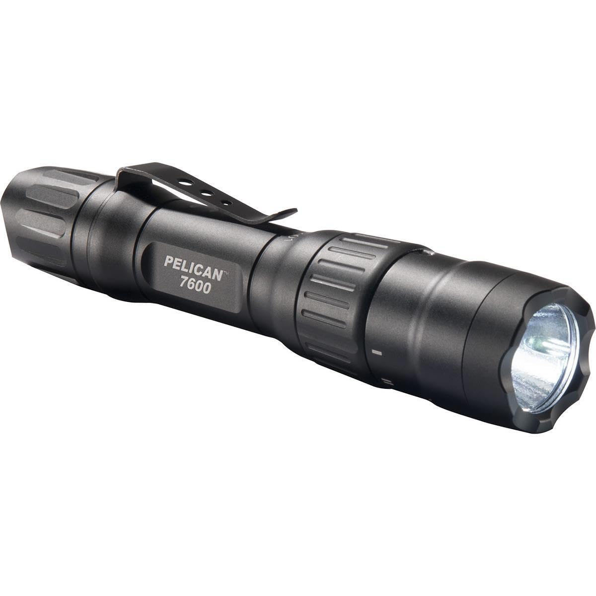 Pelican 7600 flashlight front view, rugged black body for field use