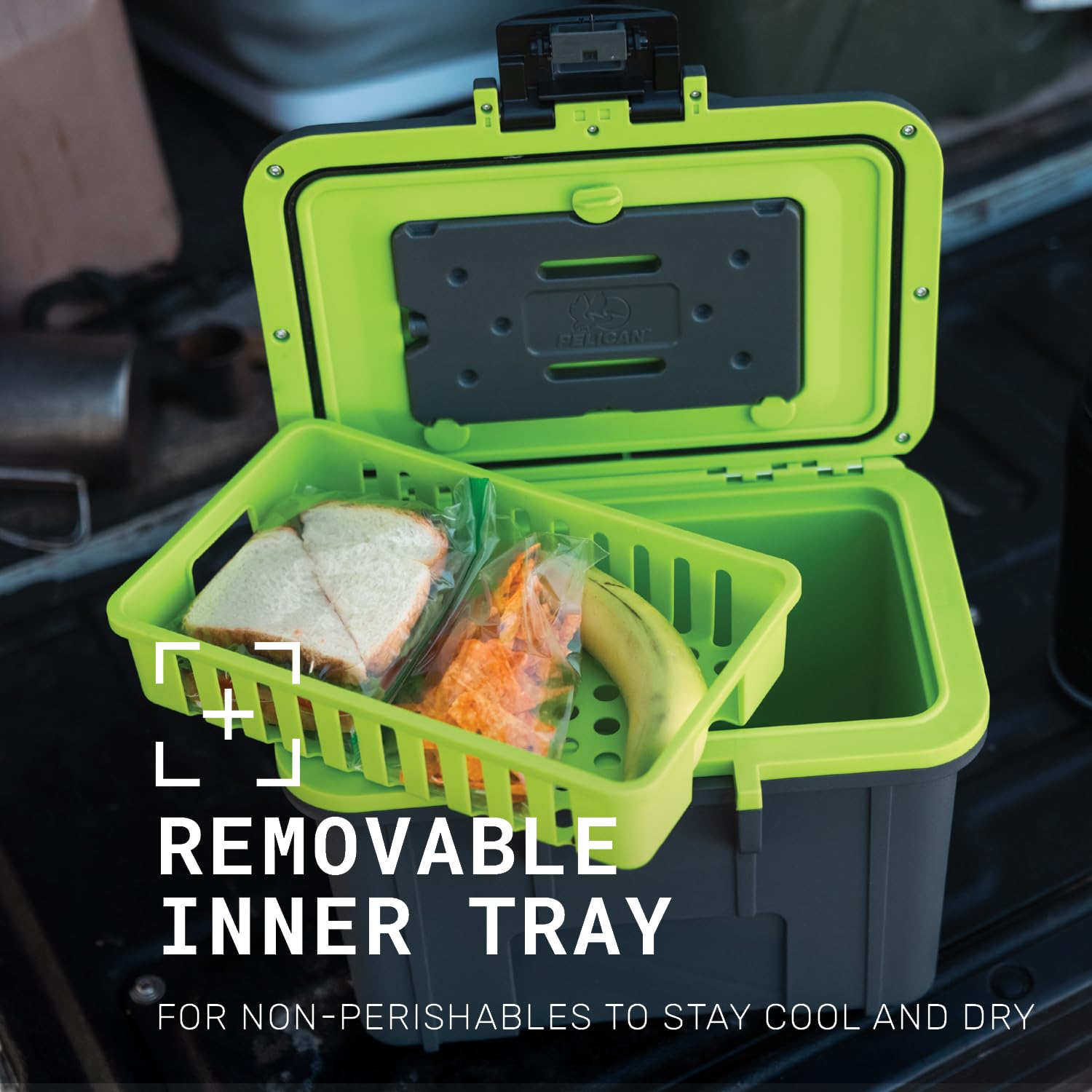 Pelican 8 Quart Lunch Box Cooler collapsible handle for compact storage and carry.