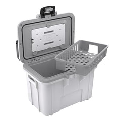 Pelican 8 Quart Lunch Box Cooler lid open reveals interior ice pack and tray.