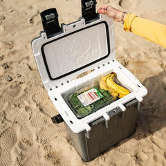 Pelican Elite 20qt cement-white carry handle with rubber grip for easy transport.