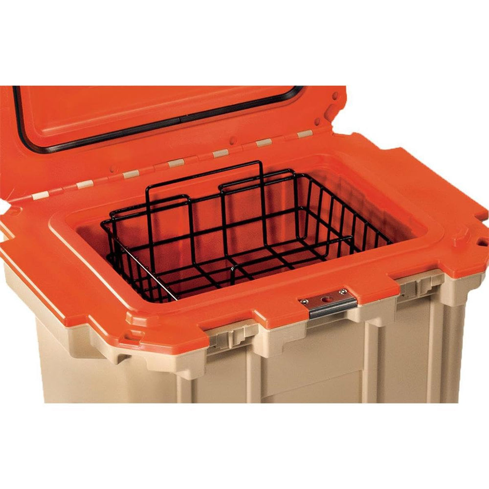 Pelican wire basket mounted in Elite 80 QT cooler demonstrates corrosion-resistant powder-coated frame.