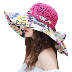 Front view of PENINSULA LOVE Summer Anti-UV Wide Brim Beach Hat in Rose Red