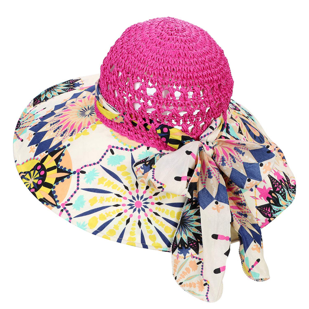 Close-up of floral cotton brim and straw top