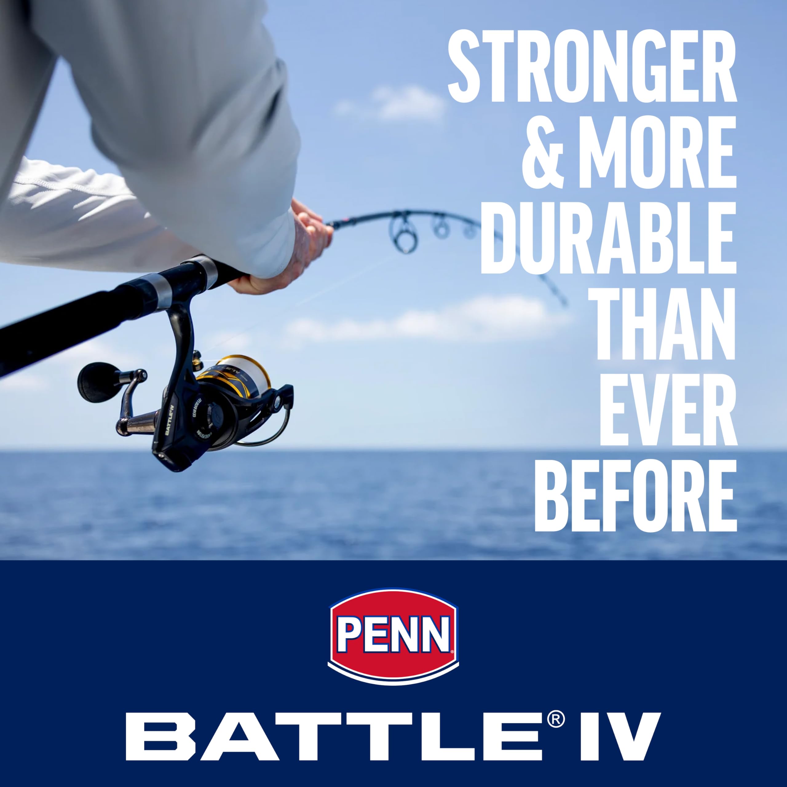 Penn Battle IV full metal body and sideplate shown, enabling heavy-duty strength against big fish.