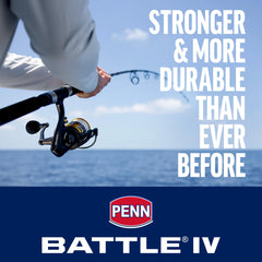 Penn Battle IV full metal body and sideplate shown, enabling heavy-duty strength against big fish.