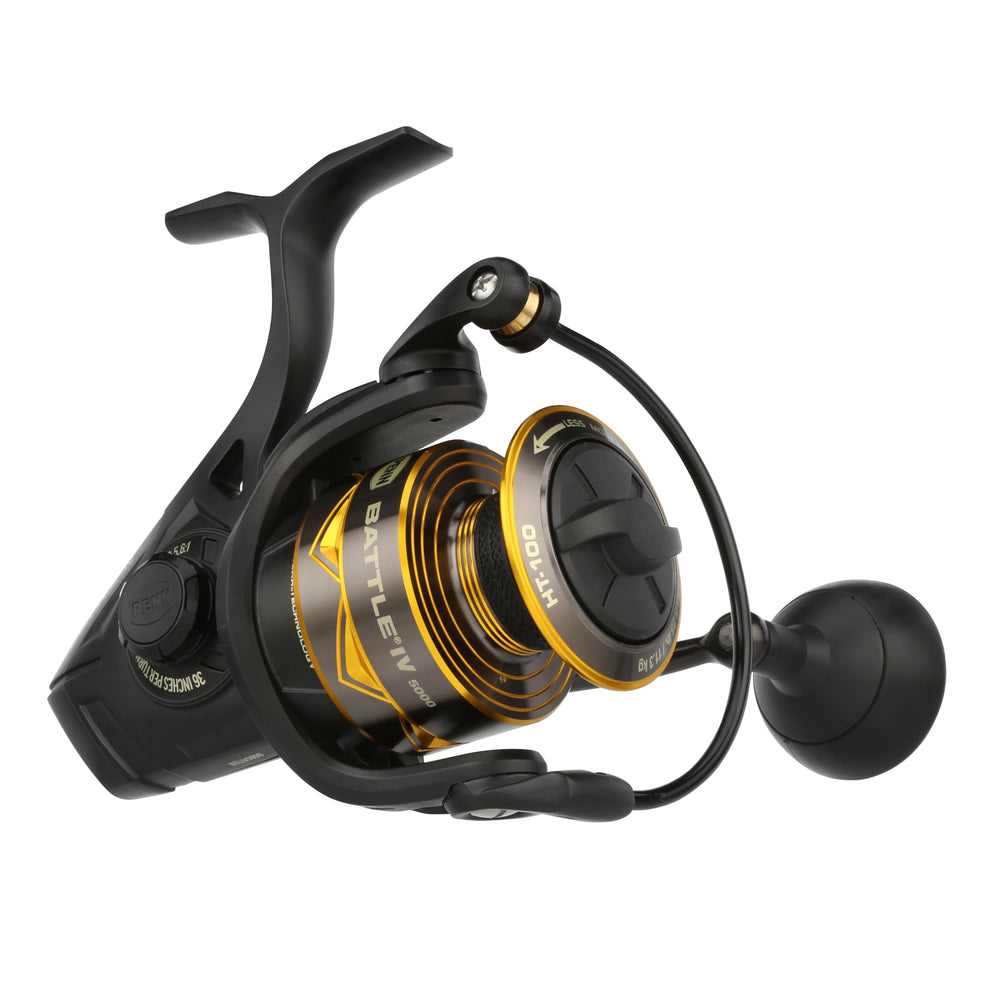 Penn Battle IV 5000 spinning reel close-up showing full metal body for rugged saltwater durability.