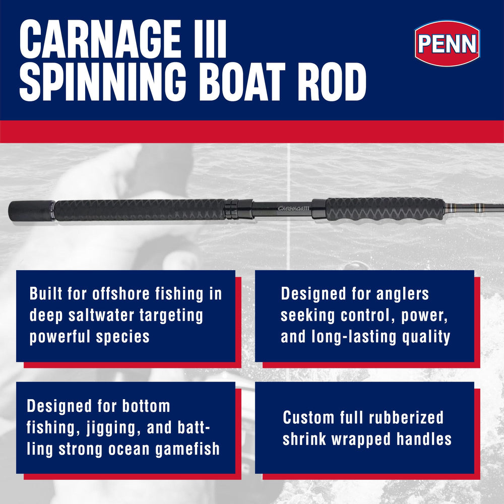 Penn Carnage III boat spinning rod top view shows slim SLS3 blank for light, responsive feel