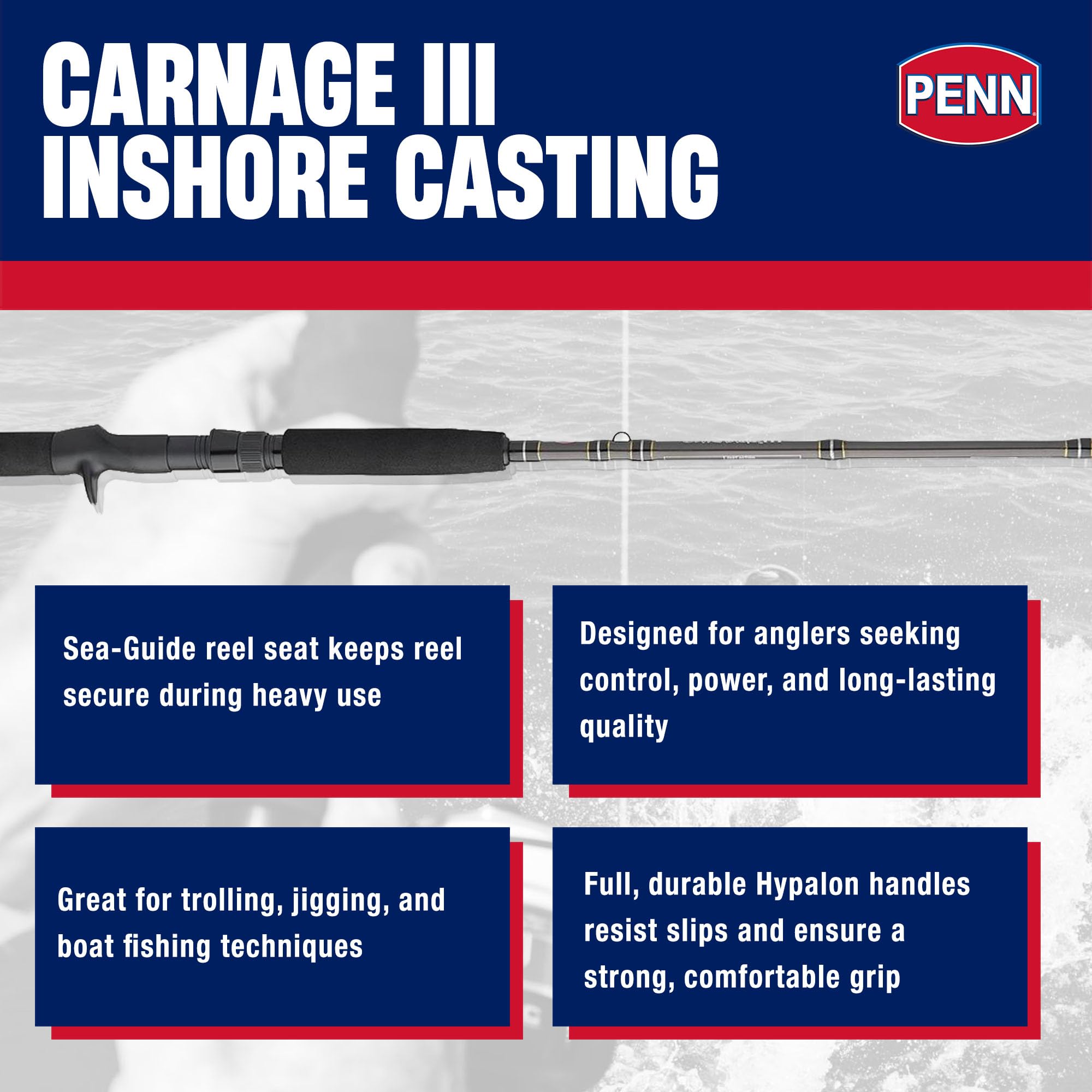 Penn Carnage III front view highlights sleek design and grip.