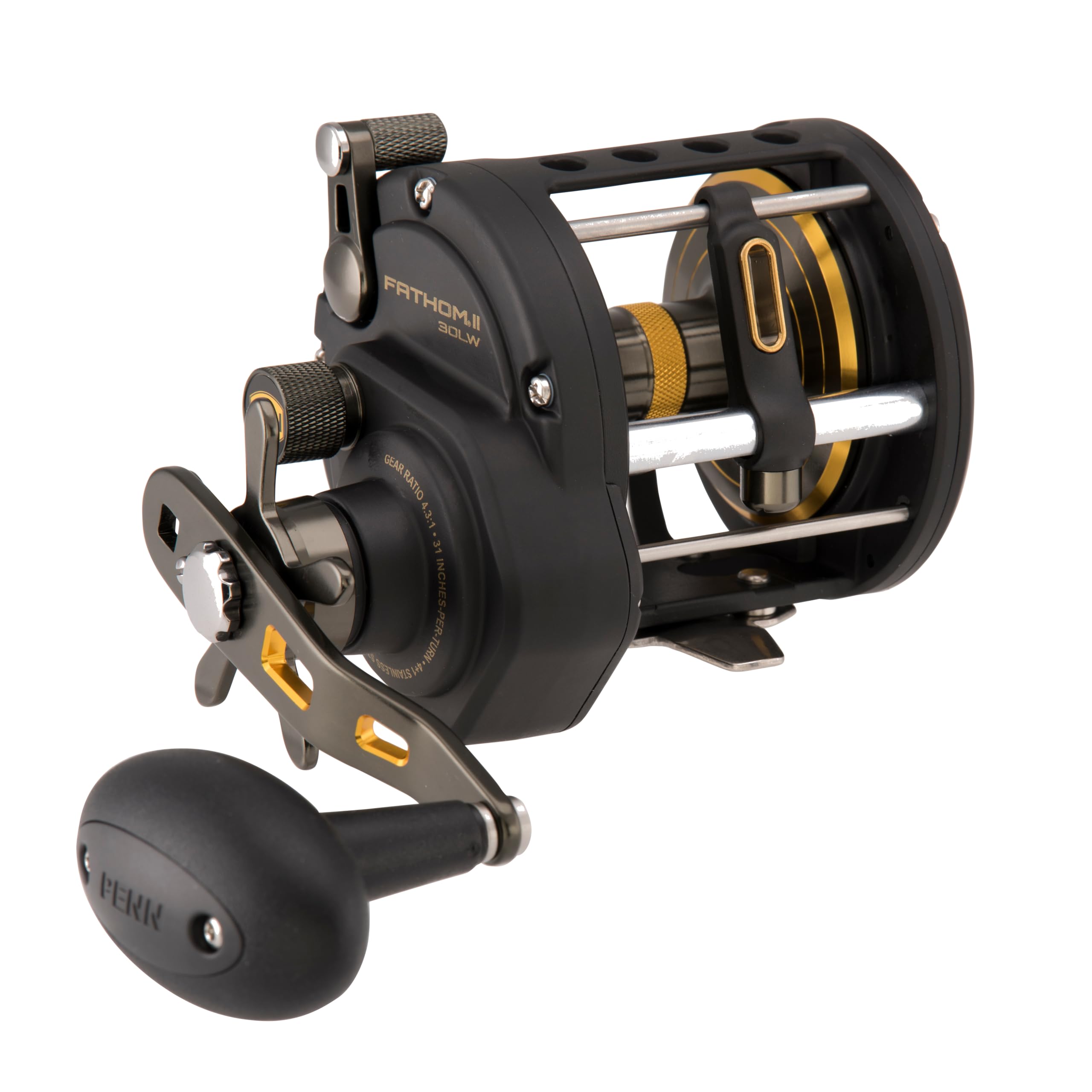 Penn Fathom II Level Wind reel front view highlighting its rugged build.
