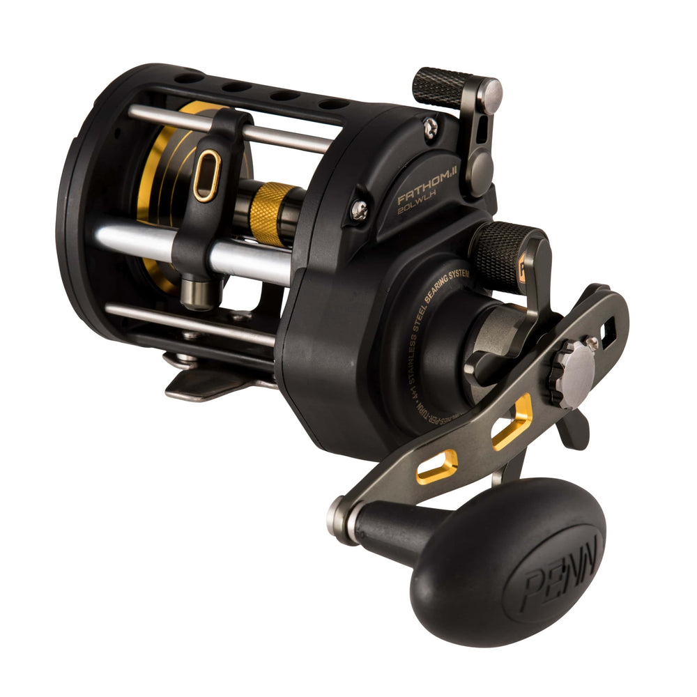 Penn Fathom II level wind reel side view, showcasing durable full-metal construction for tough seas.