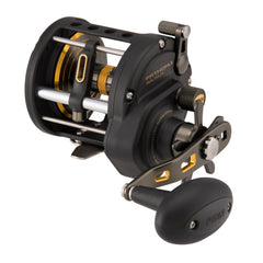 Penn Fathom II level-wind reel in black-gold finish, reliable for saltwater fishing.