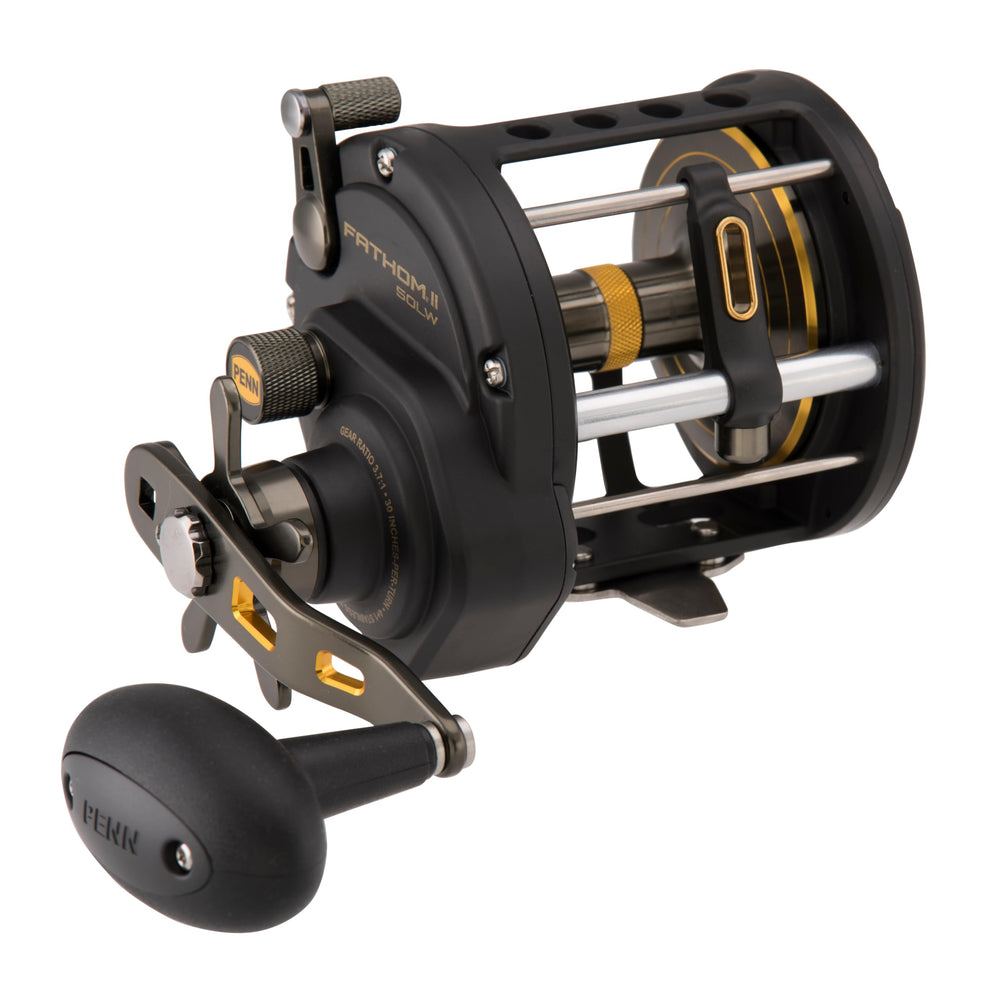 Penn Fathom II Level Wind saltwater reel in black and gold finish, size 50, right-hand