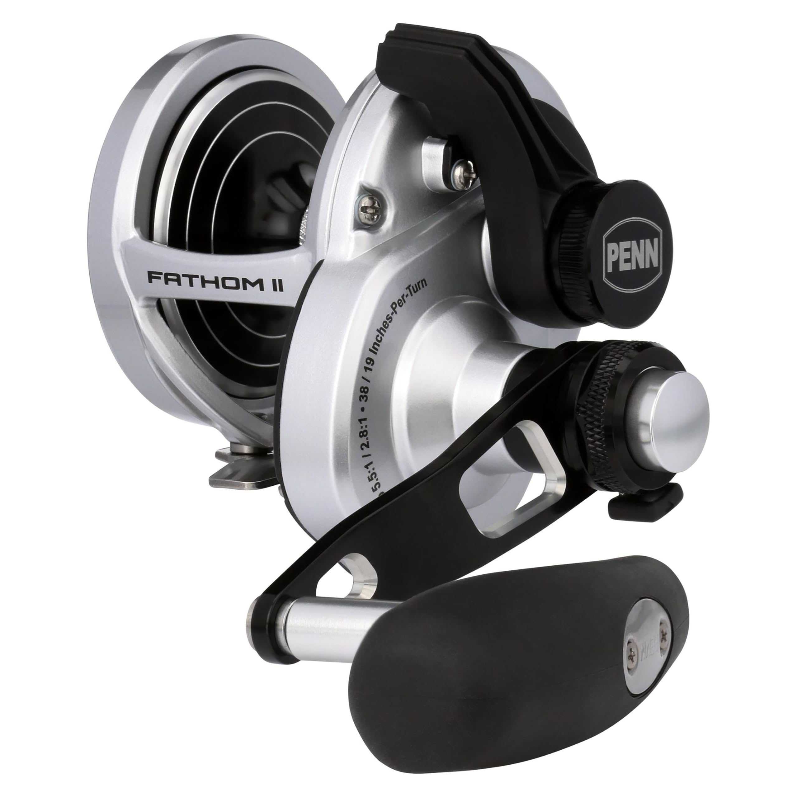 PENN Fathom II lever-drag reel with 2-speed action for smooth big-game retrieves.