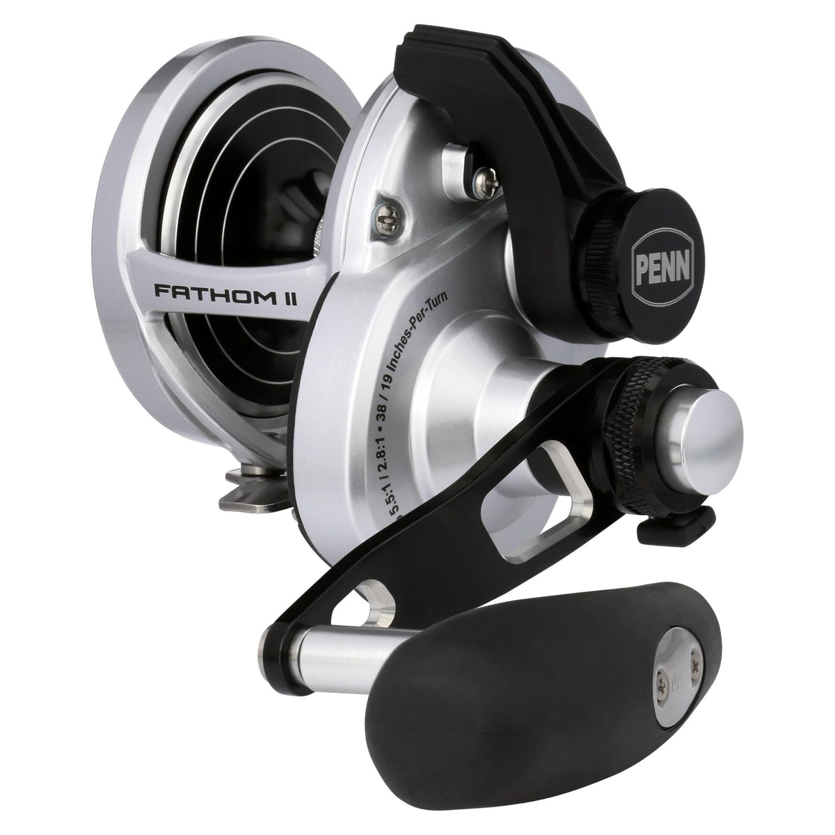 PENN Fathom II lever-drag reel with 2-speed action for smooth big-game retrieves.