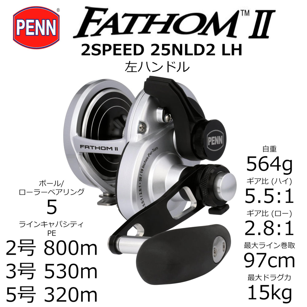 PENN Fathom II lever-drag reel showing dialed 2-speed control for offshore fishing.
