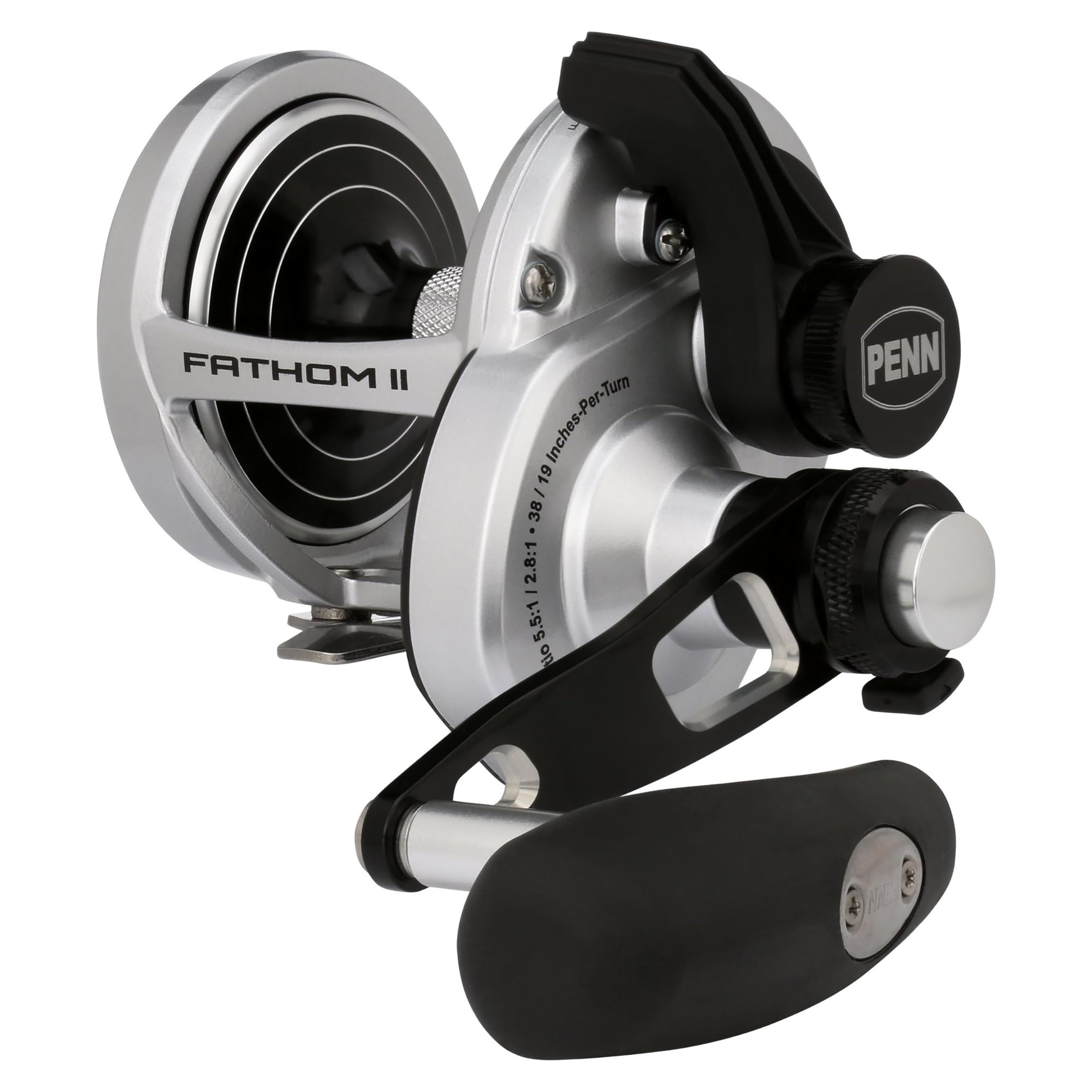 PENN Fathom II lever-drag reel front view, ideal for saltwater use.