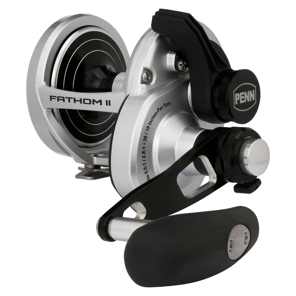 PENN Fathom II lever-drag reel front view, ideal for saltwater use.