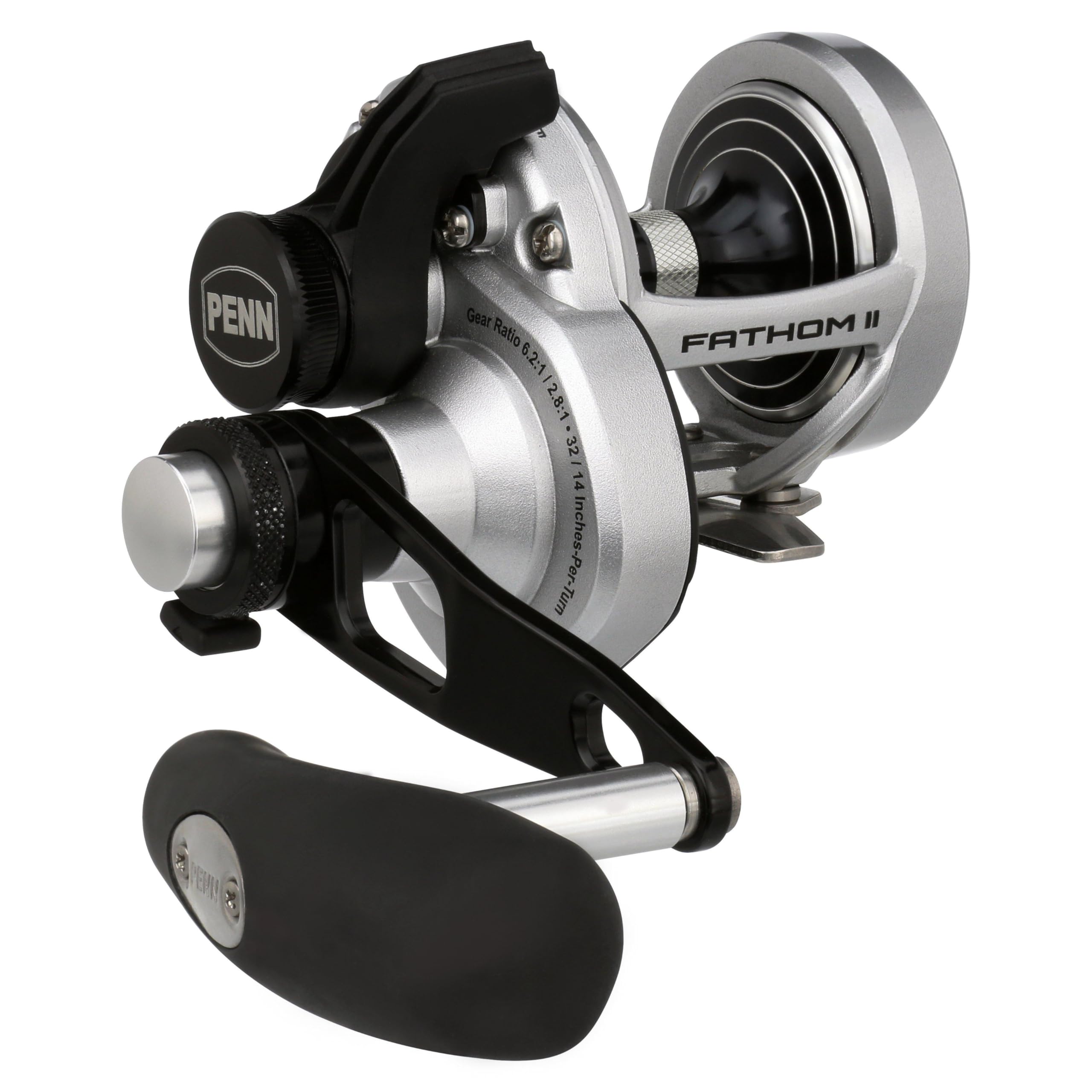 Penn Fathom II lever-drag 2-speed front view for precise control on saltwater rigs