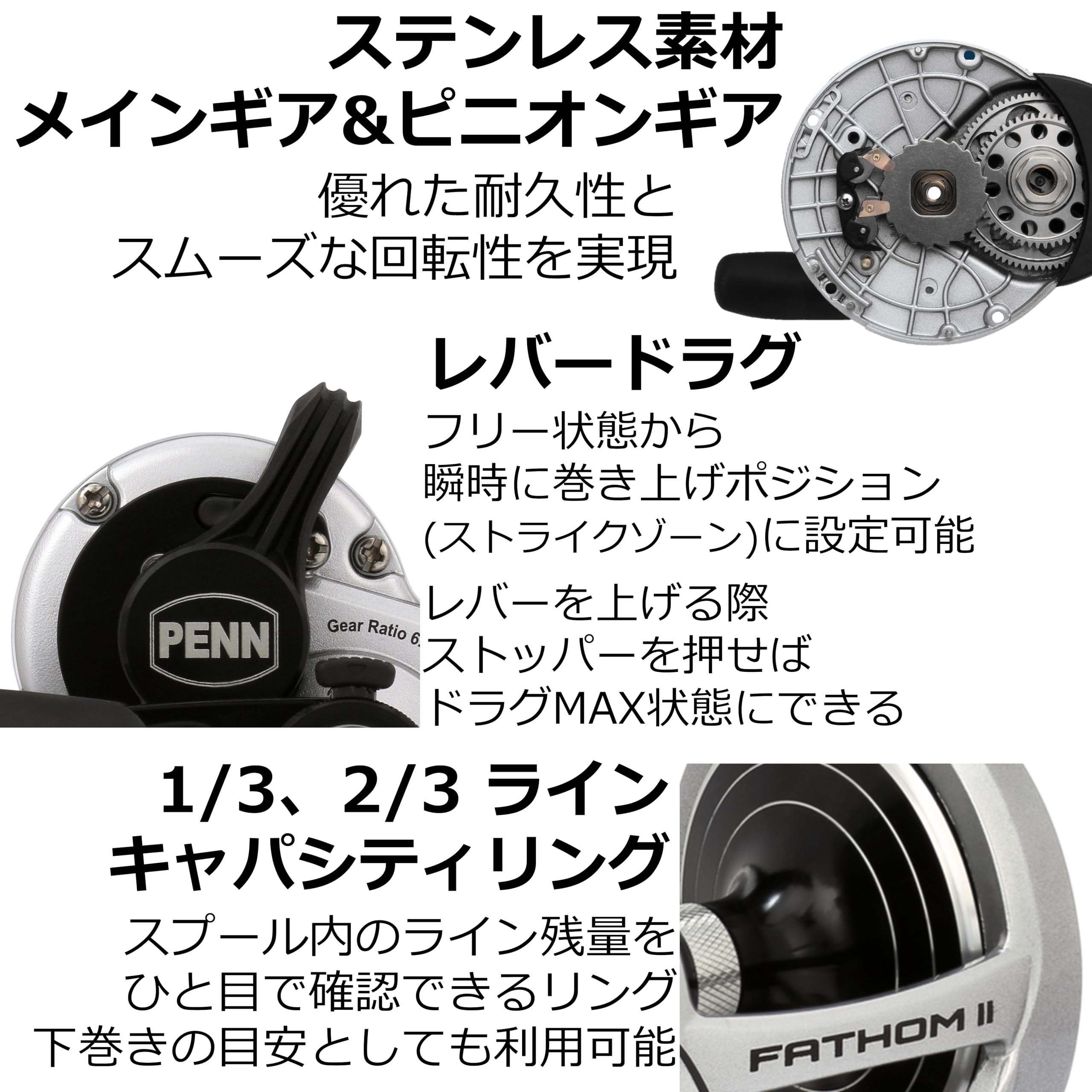 PENN Fathom II reel in action, smooth line release for big-game fishing.